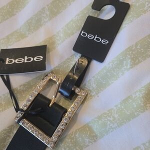 bebe Black Leather Belt with Rhinestone Buckle